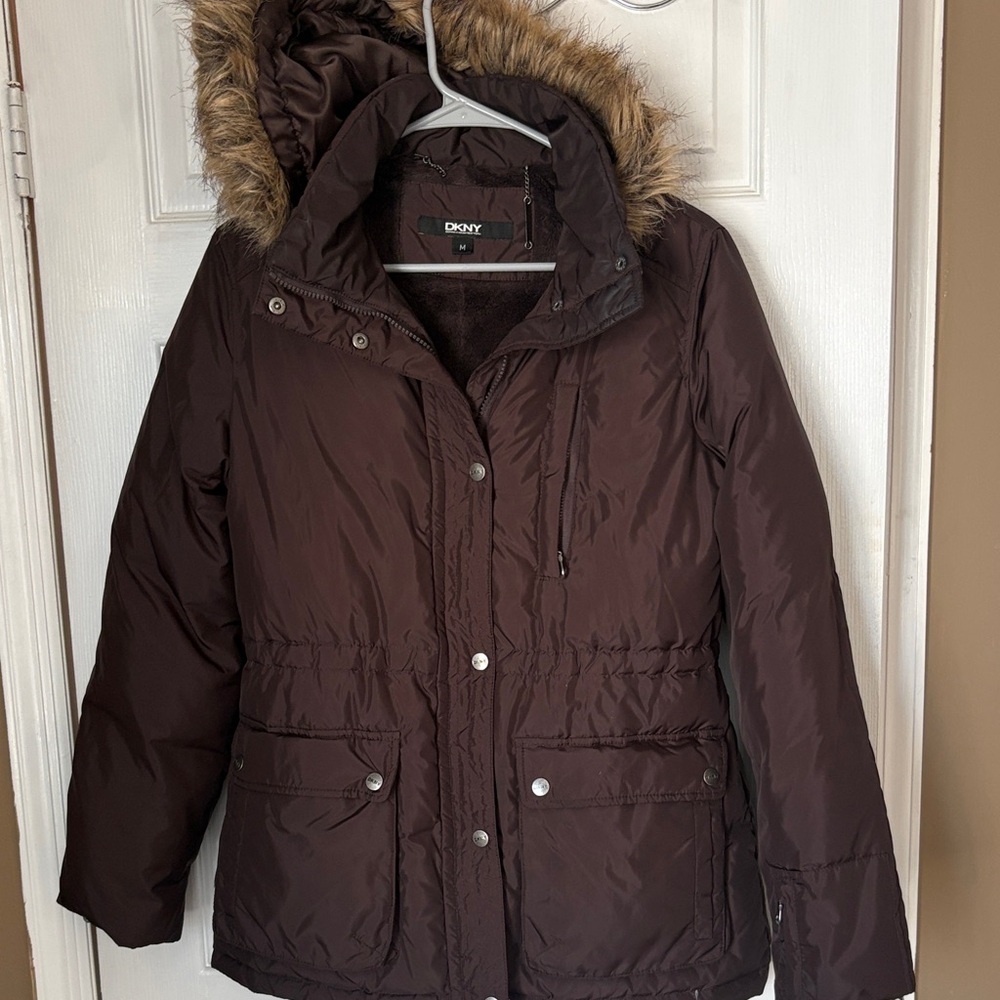 DKNY Chocolate Puffer Coat with Faux Fur Trim